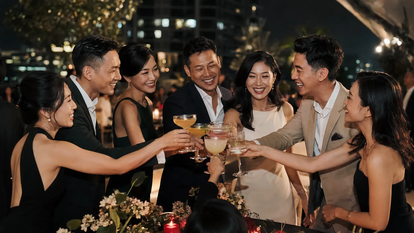 Guests raising cocktails together at an evening celebration