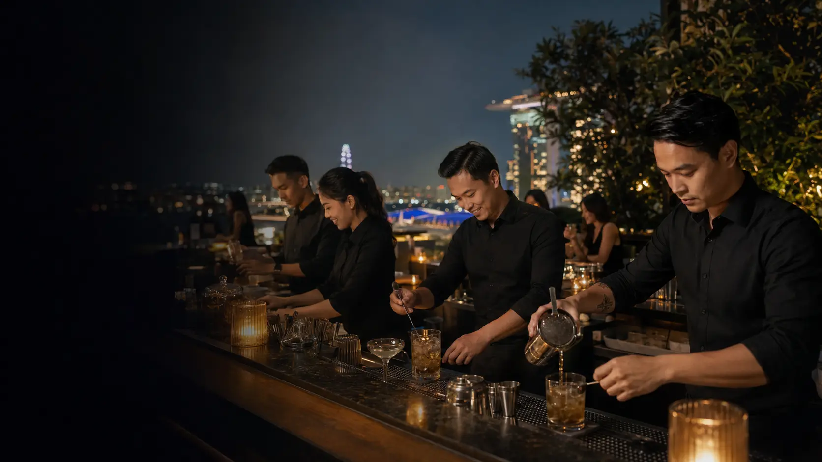 My Bartender team crafting cocktails at a rooftop event in Singapore