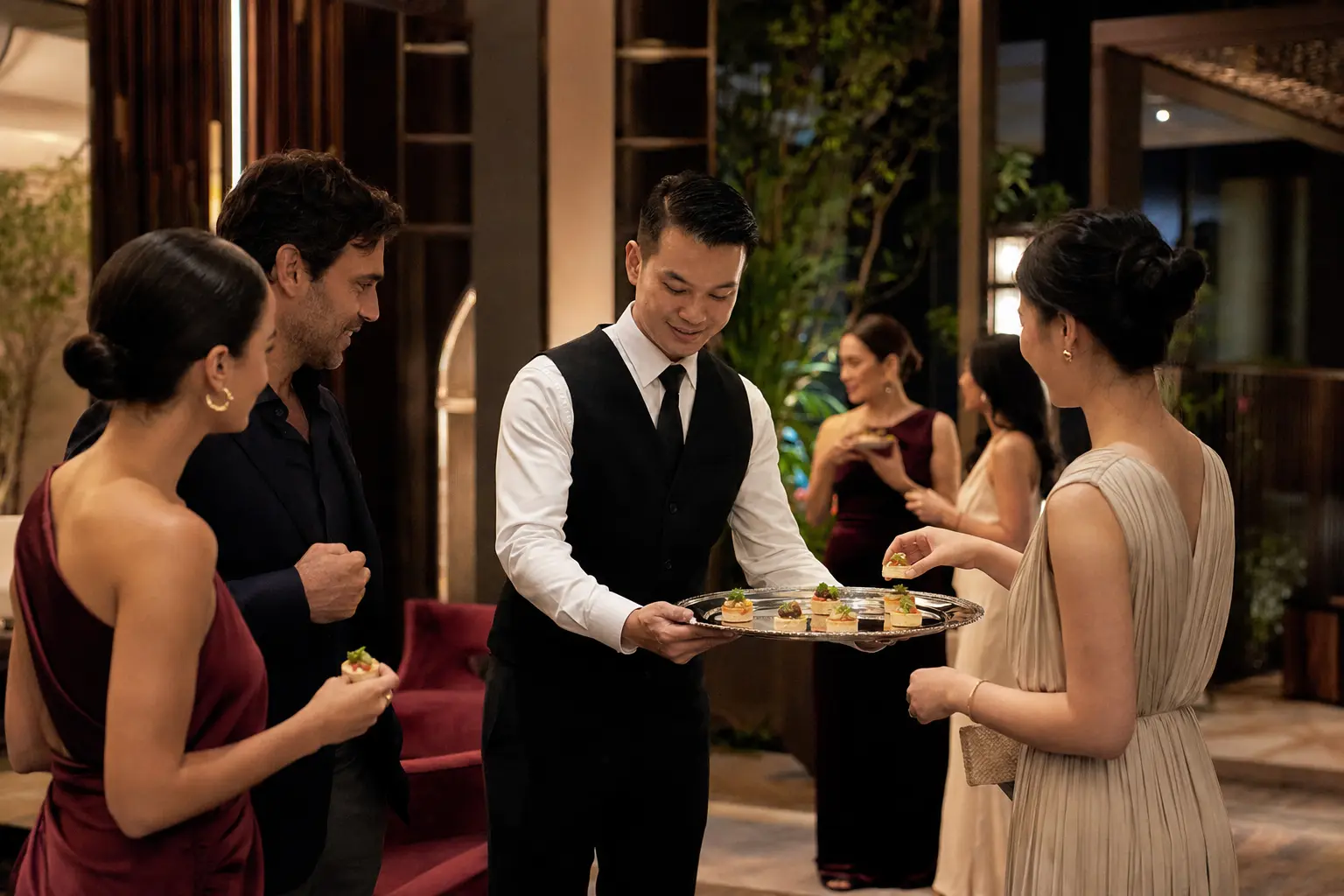 Attentive butler service for guests at a private event